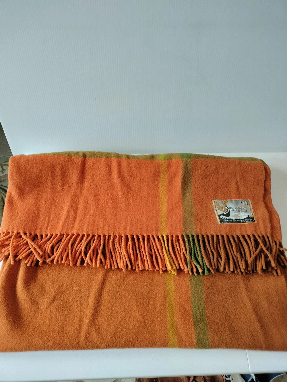 Dragon Of Norway Virgin Wool Moth Resistant Fringe Orange Green Throw Blanket